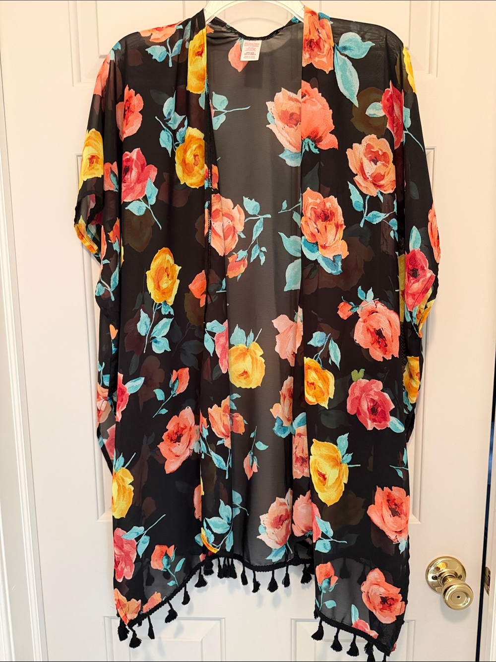Black Floral Sheer Kimono with Tassel Trim